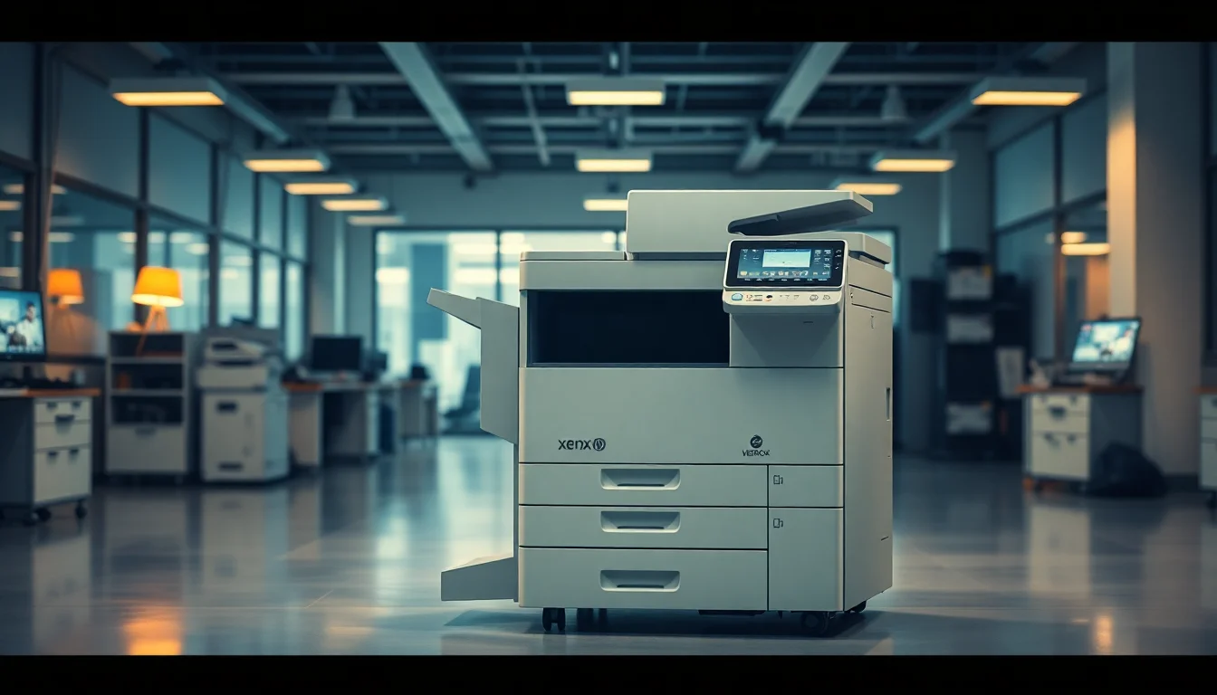 Xerox Versant 180 Press on studio setup showing green Ready light on control panel, warm overhead lighting, professional focused atmosphere