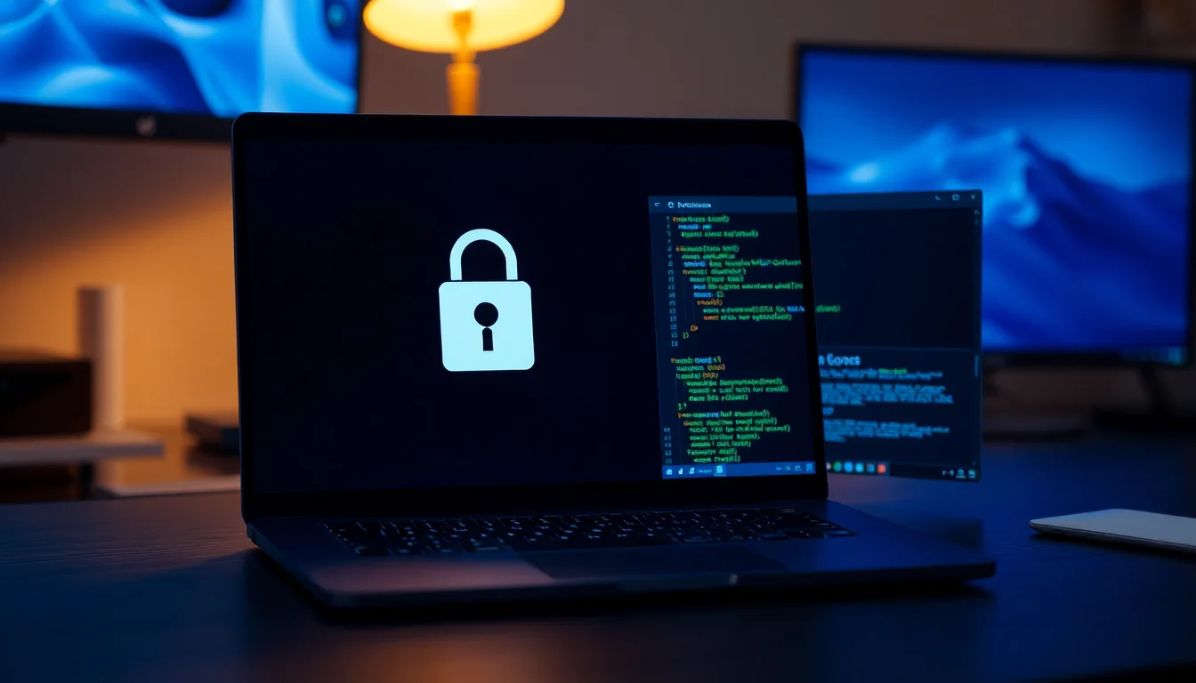 A Windows 11 laptop on a dark desk showing a locked ZIP archive icon with a padlock overlay and a Python script open in the background