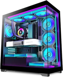 ANSAITE Mid-Tower PC Case - 7 × Pre-Installed 120mm PWM ARGB Fans,Panoramic Tempered Glass Computer Case with Type-C,360mm Radiator Support,Fits up to 10x 120mm Fans,Black