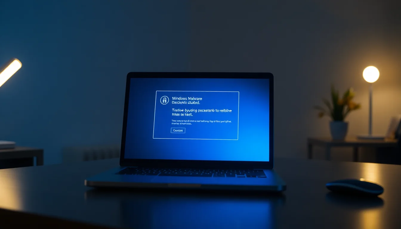 Windows security warning window showing trojan detection alert on laptop screen, blue notification background, focused close-up view on desk