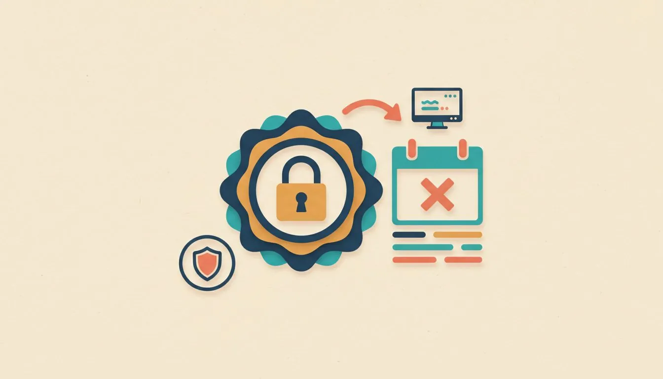 Illustration of a padlock on a rosette beside a calendar marked with a cross, with an arrow pointing to a computer screen