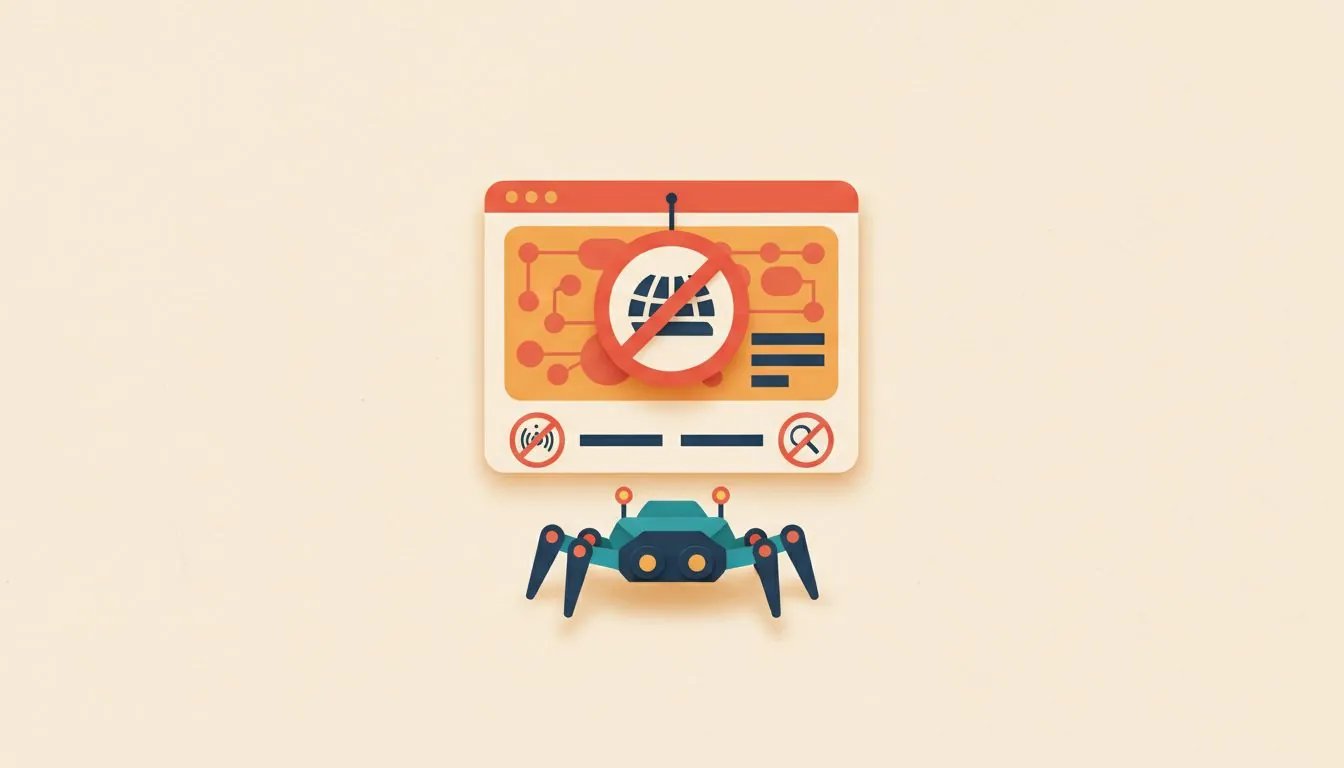 Illustration of a small robot crawler waiting under a web page that carries a large no-entry sign