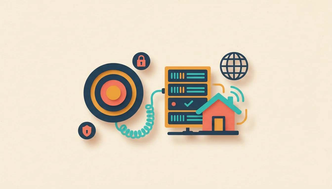 Illustration of a server rack and a small house joined by a coiled cable to a round dial, with padlock, shield and globe icons around them