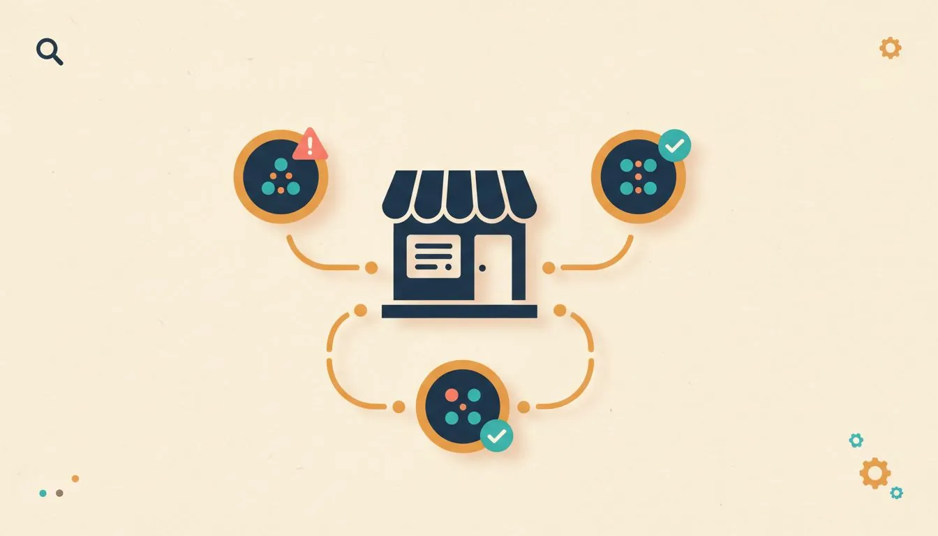 Illustration of a shopfront joined by dotted lines to three round account badges, two with ticks and one with a warning triangle