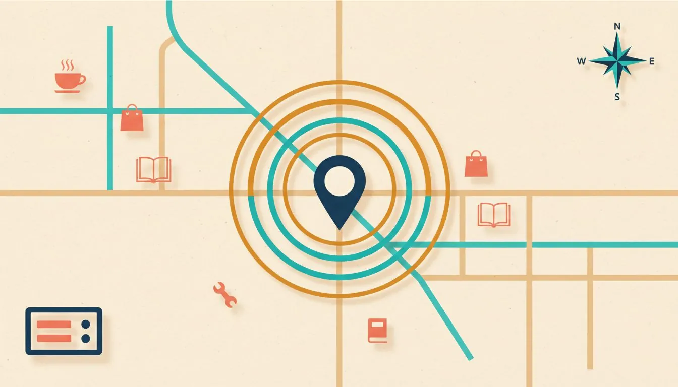 Illustration of a street map with a location pin at the centre of rings, small shop, cafe and tool icons around it and a compass in one corner