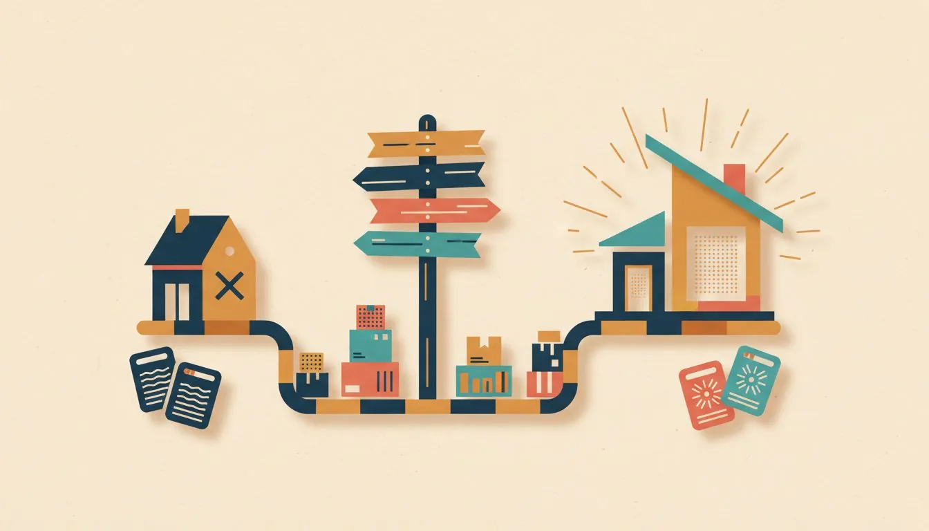Illustration of a road running from a small house marked with a cross, past a signpost and stacked boxes, to a larger new house