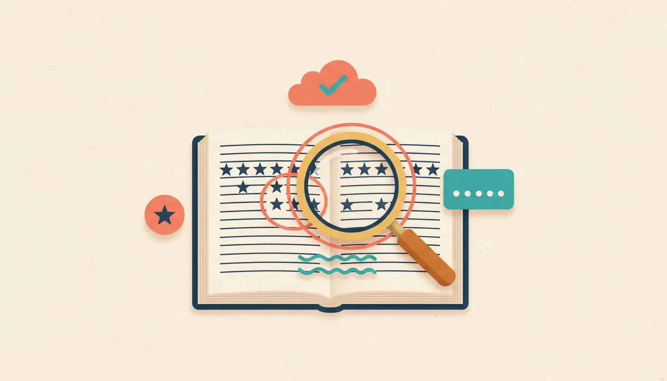 Illustration of an open book with rows of stars under a magnifying glass