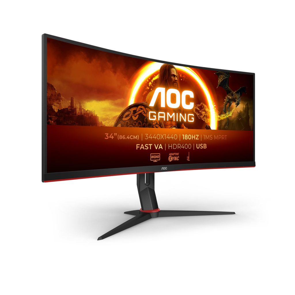 Aoc Gaming Cu34G2Xpd - 34 Inch Wqhd Curved Monitor, 180 Hz, 1Ms, Freesync Premium (3440X1440, Hdmi, Displayport, Usb Hub) Black/Red