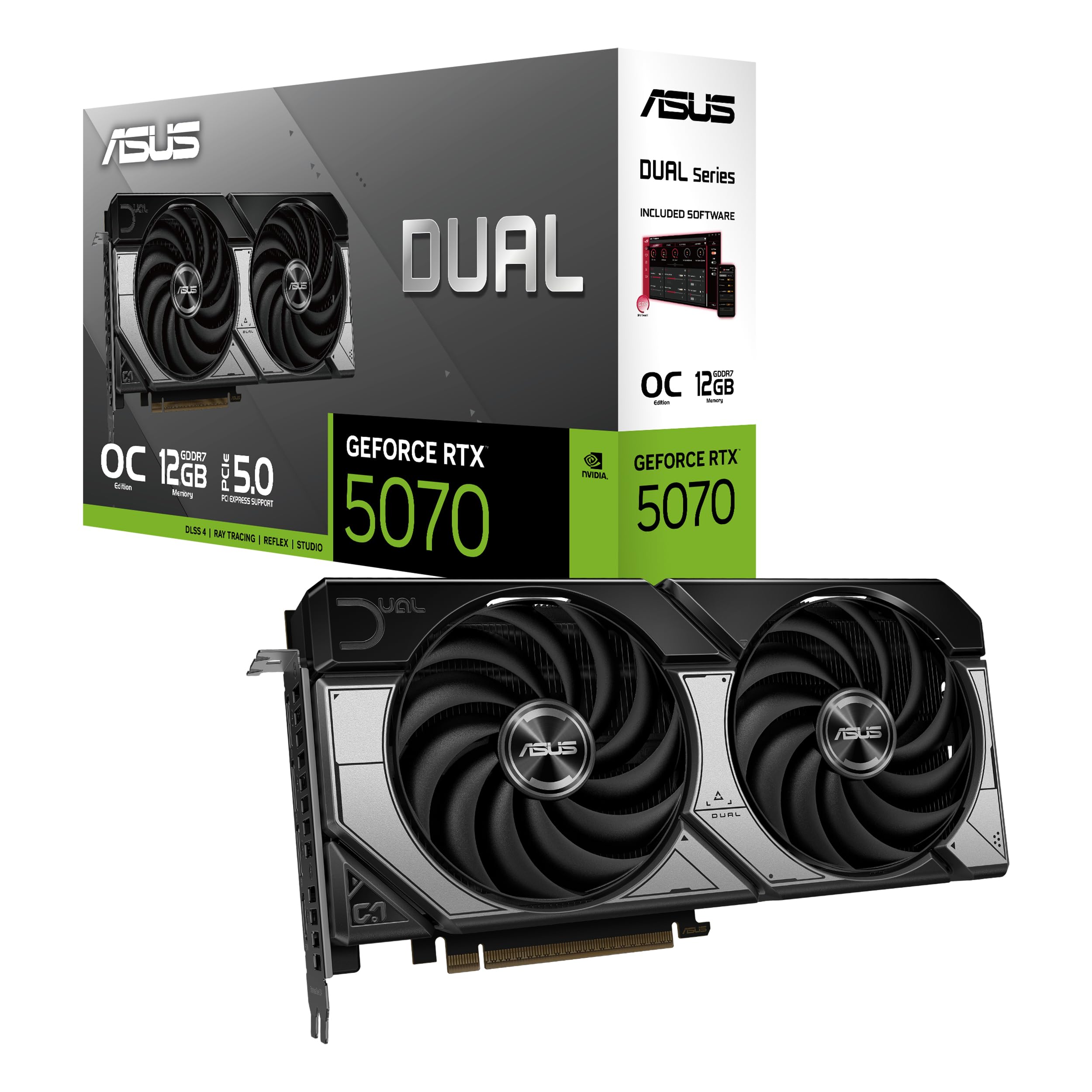 Asus Dual Rtx5070 Oc, Pcie5, 12Gb Ddr7, Hdmi, 3 Dp, 2572Mhz Clock, Overclocked, Compact Sff-Ready