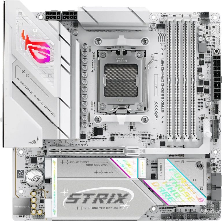 Asus Rog Strix B850-G Gaming Wi-Fi Amd Matx Motherboard, 14+2+1 Power Stages, Ddr5, Pcie 5.0 Slots, 4 M.2 Slots, Wi-Fi 7 (802.11Be) And 2,5 Gb Ethernet, 20 Gbps Usb-C, Aura Sync Rgb, White