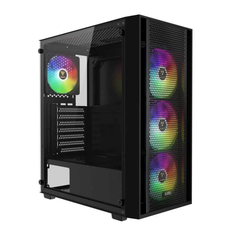 Gamdias Aura Gc2 Elite Argb Atx Mid Tower Pc Case, 4 X 120Mm Argb Fan, High Airflow Mesh Front Panel, Tool-Free Tempered Glass Side Panel, Black