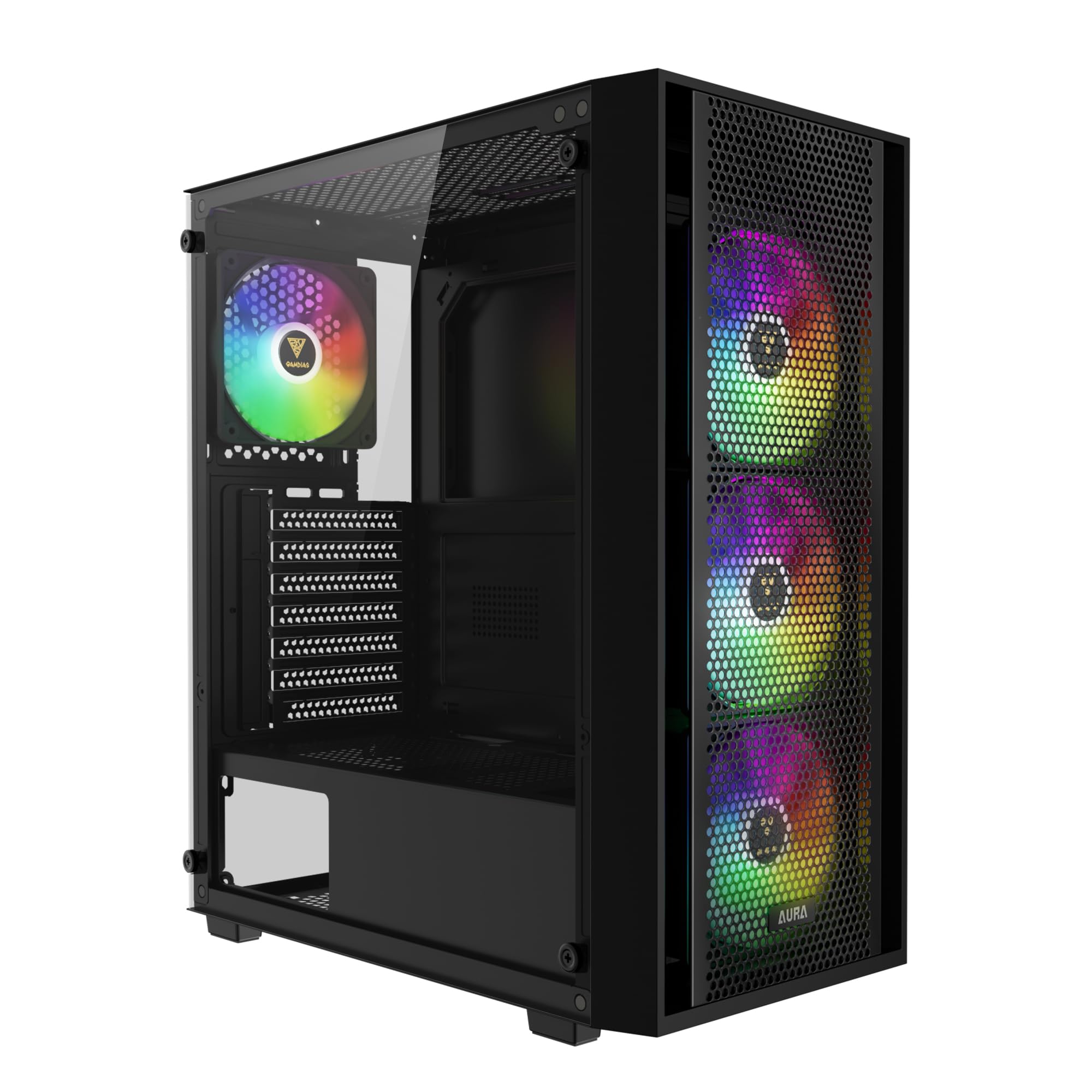 Gamdias Aura Gc2 Elite Argb Atx Mid Tower Pc Case, 4 X 120Mm Argb Fan, High Airflow Mesh Front Panel, Tool-Free Tempered Glass Side Panel, Black