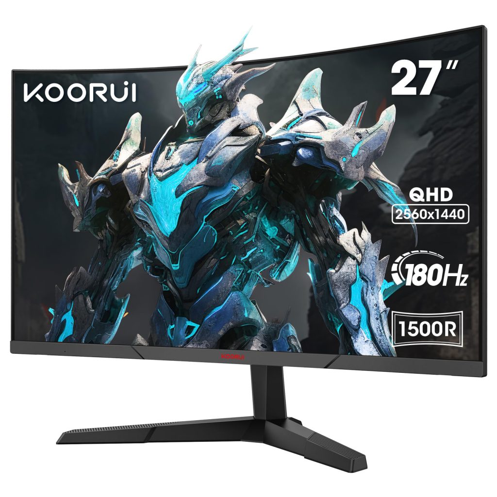 Koorui 27 Inch Gaming Monitor, Qhd 1440P Curved Monitors 180Hz Va 1Ms 1500R Pc Screen With Adaptive Sync, Hdmi/Dp, Vesa Compatible, Tilt Adjustable, Eye Care