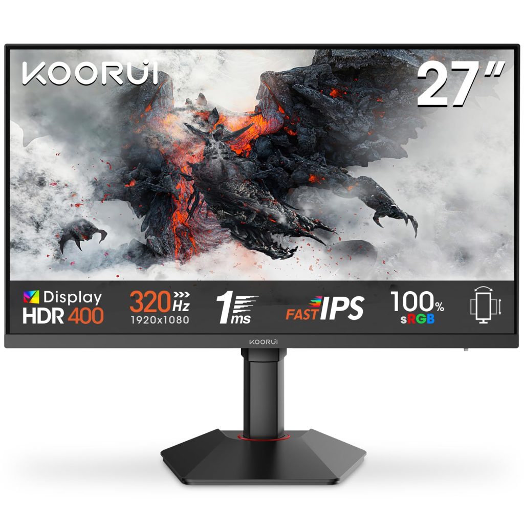 Koorui G2721E 27 Inch Gaming Monitor, 320Hz, Fast Ips, Qhd 1440P, 1Ms, Adaptive Sync, Lifting Adjustable, Vesa Mountable, Hdmi/Dp, Low Blue Light, 99% Srgb