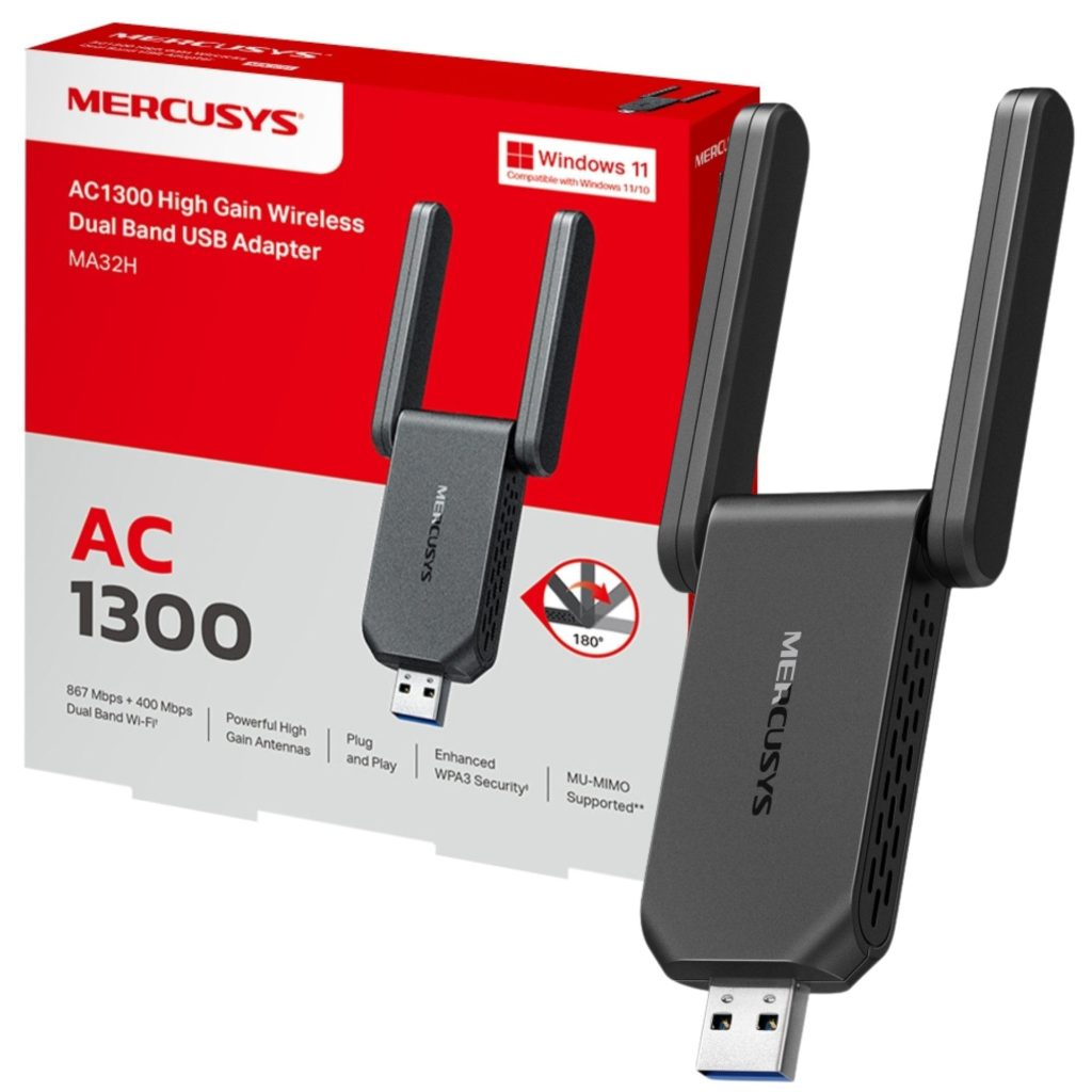Mercusys Ma32H Tp-Link Ac1300 3.0 Usb Wifi Dongle For Pc, Dual-Band Usb Wifi Adapter For Pc, Two High Gain Antennas, Win10/11, Mu-Mimo, Plug&Amp;Amp;Play, Wpa3 Security, Broader Coverage, Lower Latency