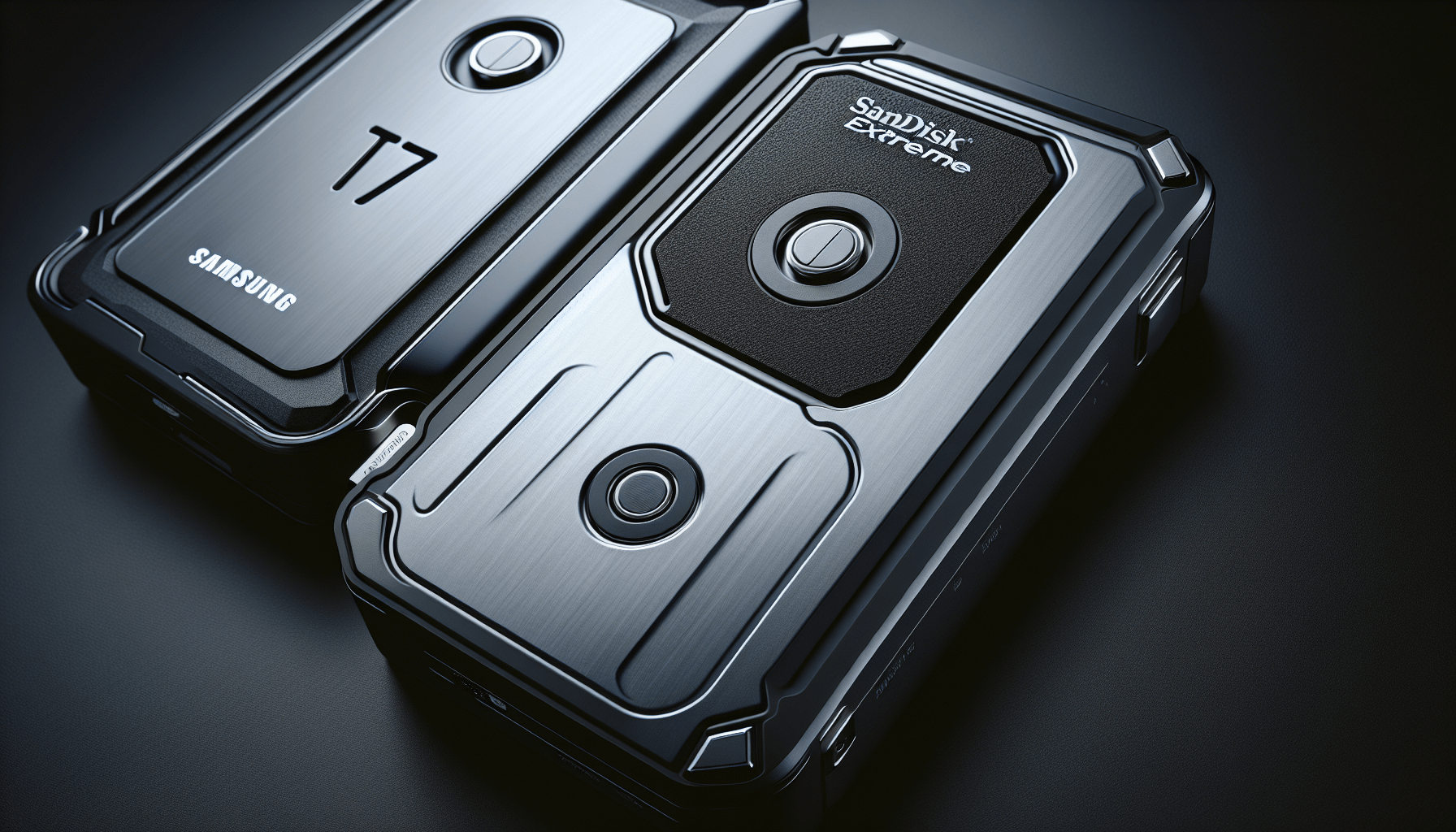 Samsung T7 Portable Vs Sandisk Extreme Portable Side By Side Comparison On Desk Illustration