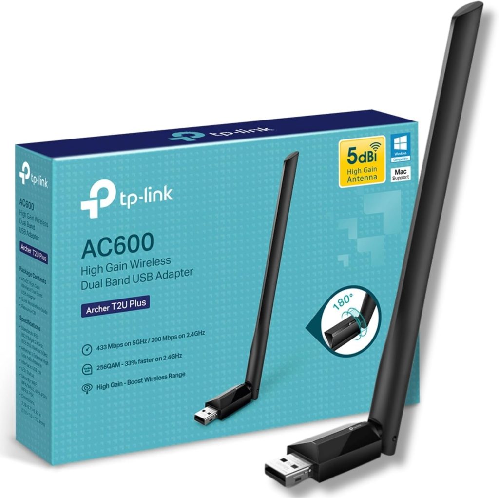 Tp-Link Archer T2U Plus Wifi Dongle, Wifi Adapter For Pc, Ac600 High Gain Wireless, High-Gain Antenna, Dual Band Wireless, Usb Wifi Adapter For Pc, Usb Wifi Dongle, Supports Win/Mac Os X, High-Speed