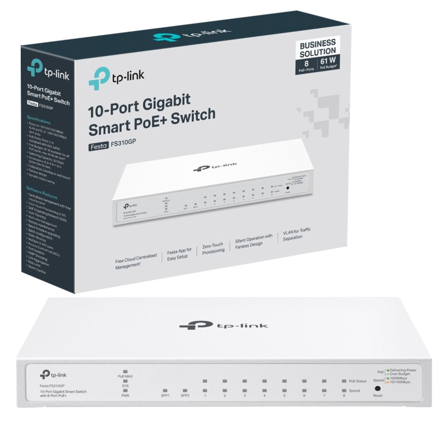 Tp-Link Festa Festa Fs310Gp 10-Port Gigabit Switch, 8 Port Gigabit 802.3Af, At Poe Plus, 2 Gigabit Sfp Slots, 61W Total Poe Budget, Up To 30W Poe Power Per Port, Cloud Management