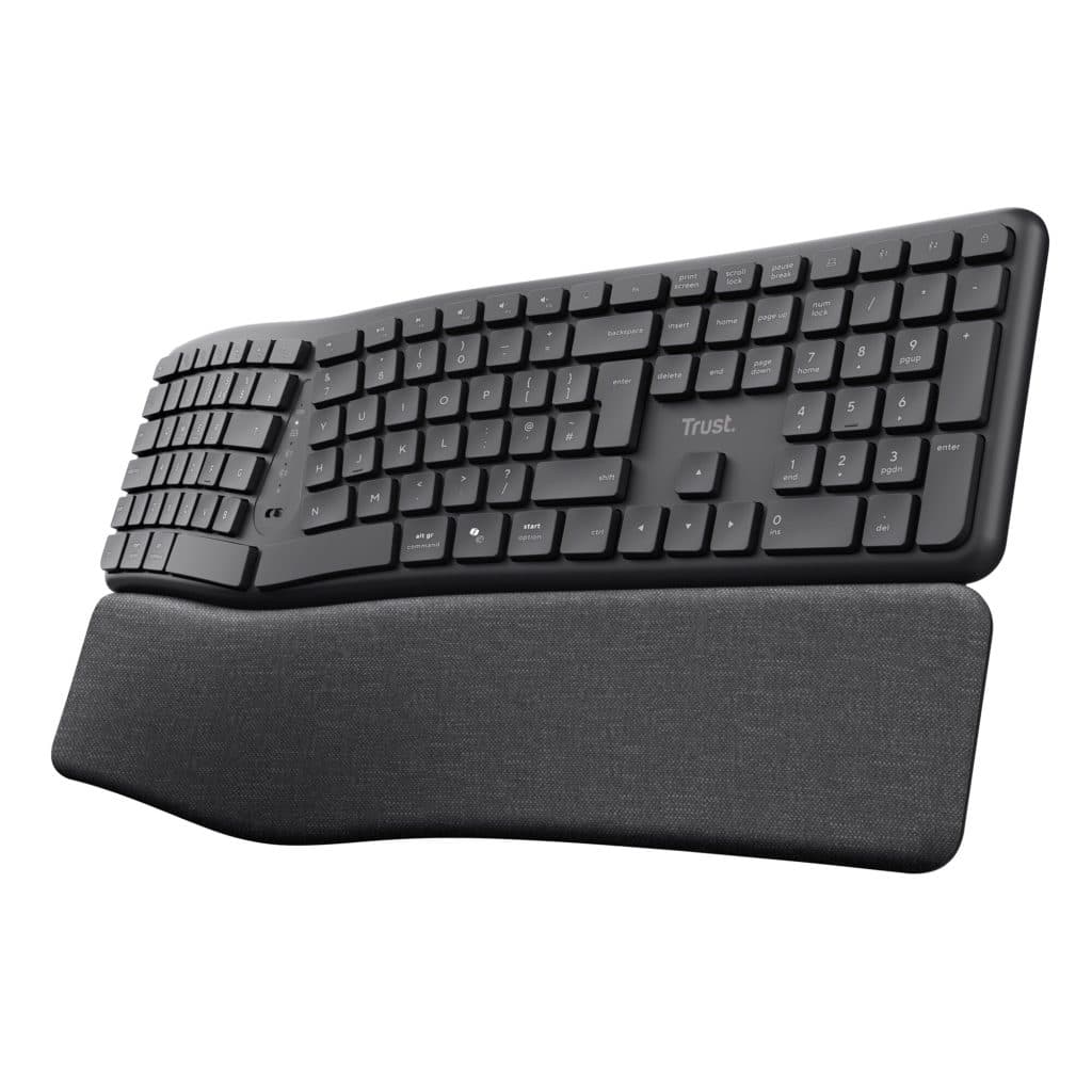 Trust Arvia Silent Wireless Ergonomic Keyboard Uk Qwerty Layout Bluetooth + 2.4Ghz, Multidevice Split Keyboard With Comfortable Palm Rest, Multimedia Keys, Home Office Pc Computer Laptop Mac, Black