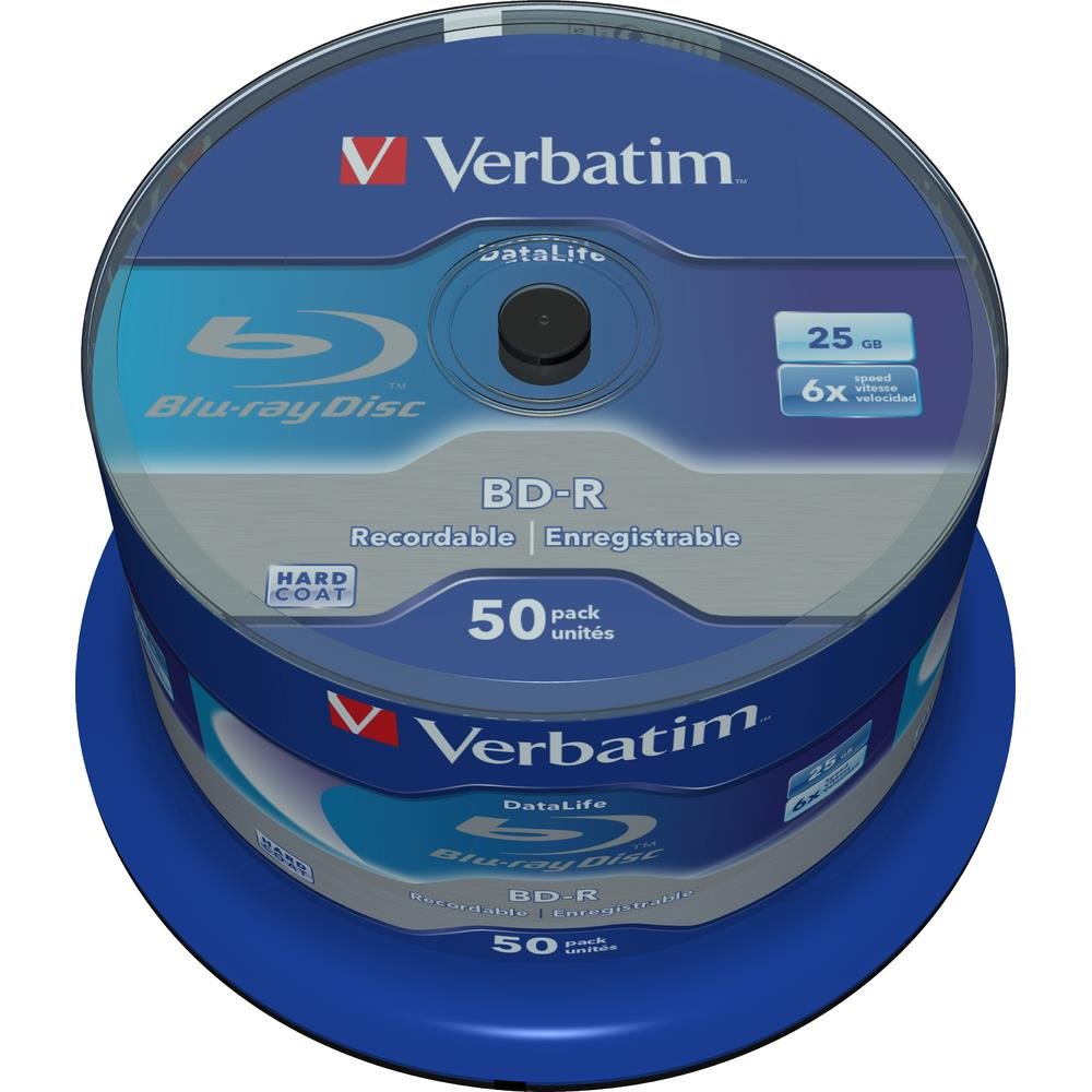 Verbatim Bd-R Sl Datalife - Blu-Ray Disc 25 Gb, 6X Burning Speed, Scratch Protection, 50-Pack Spindle