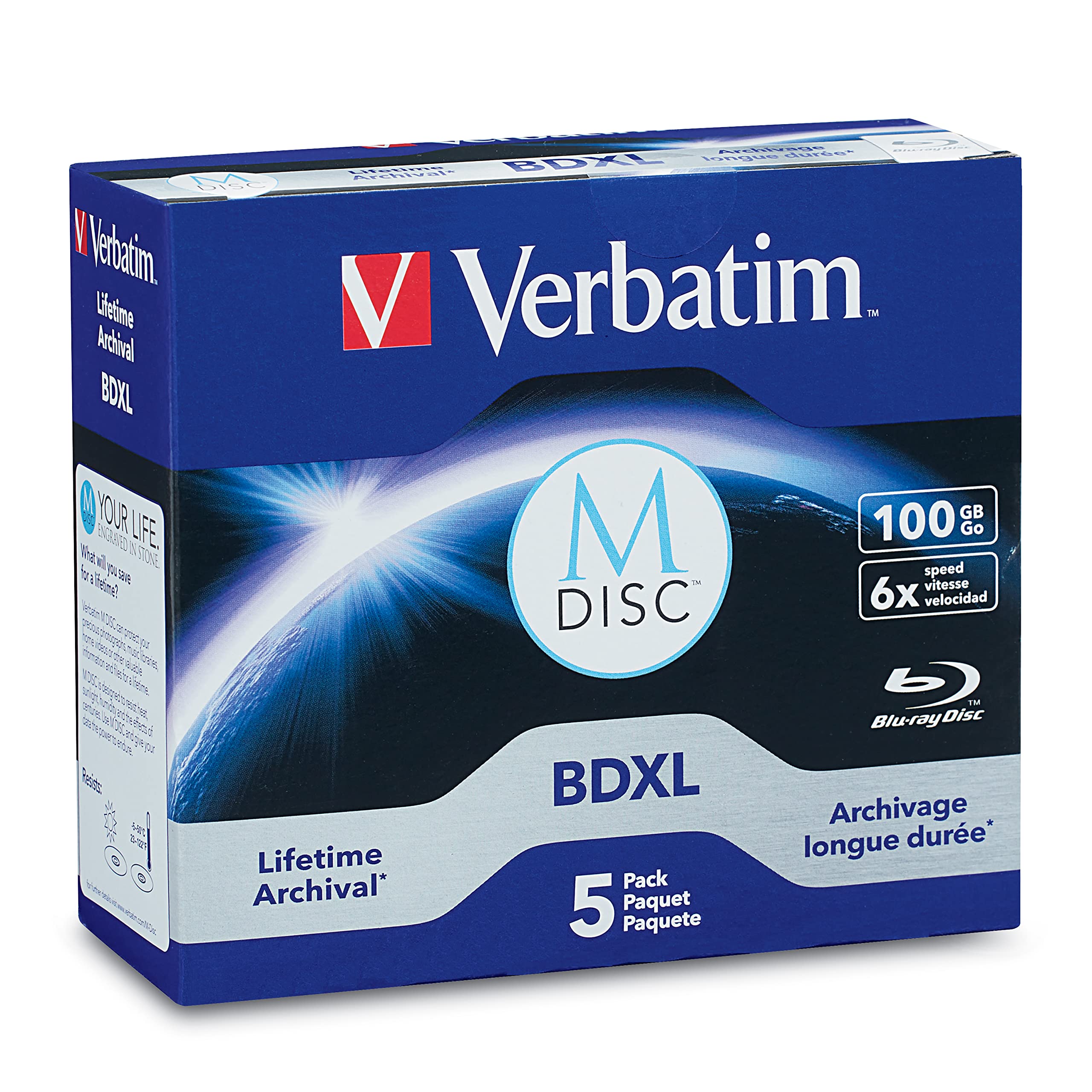 Verbatim M Disc Bdxl 100Gb 6X With Branded Surface Blank Blu-Ray Recordable Media – 5Pk Jewel Case Box,Blue