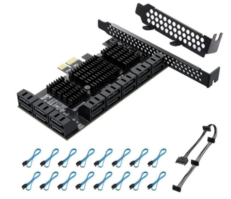 Ybbott Pci Express To 16 Ports1X Card, 6 Gbit/S Sata 3.0 Controller, Pcie Expansion Card, Non-Raid, Supports Hdds, With Low Profile Bracket And 16 Cables, Jmb575 Asm1064 Chips