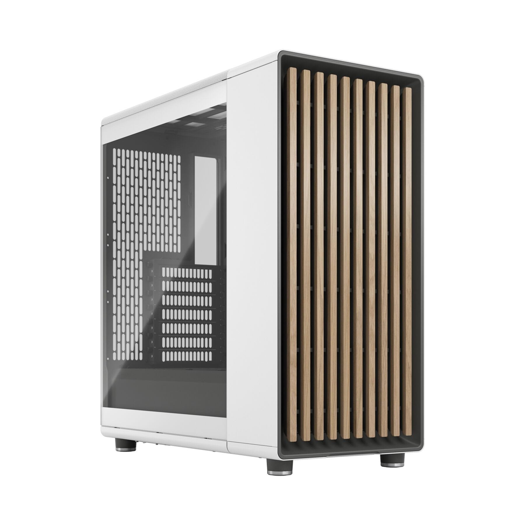 Fractal Design North Chalk White Tempered Glass Clear - Wood Oak Front - Glass Side Panel - Two 140Mm Aspect Pwm Fans Included - Type C Usb - Atx Airflow Mid Tower Pc Gaming Case
