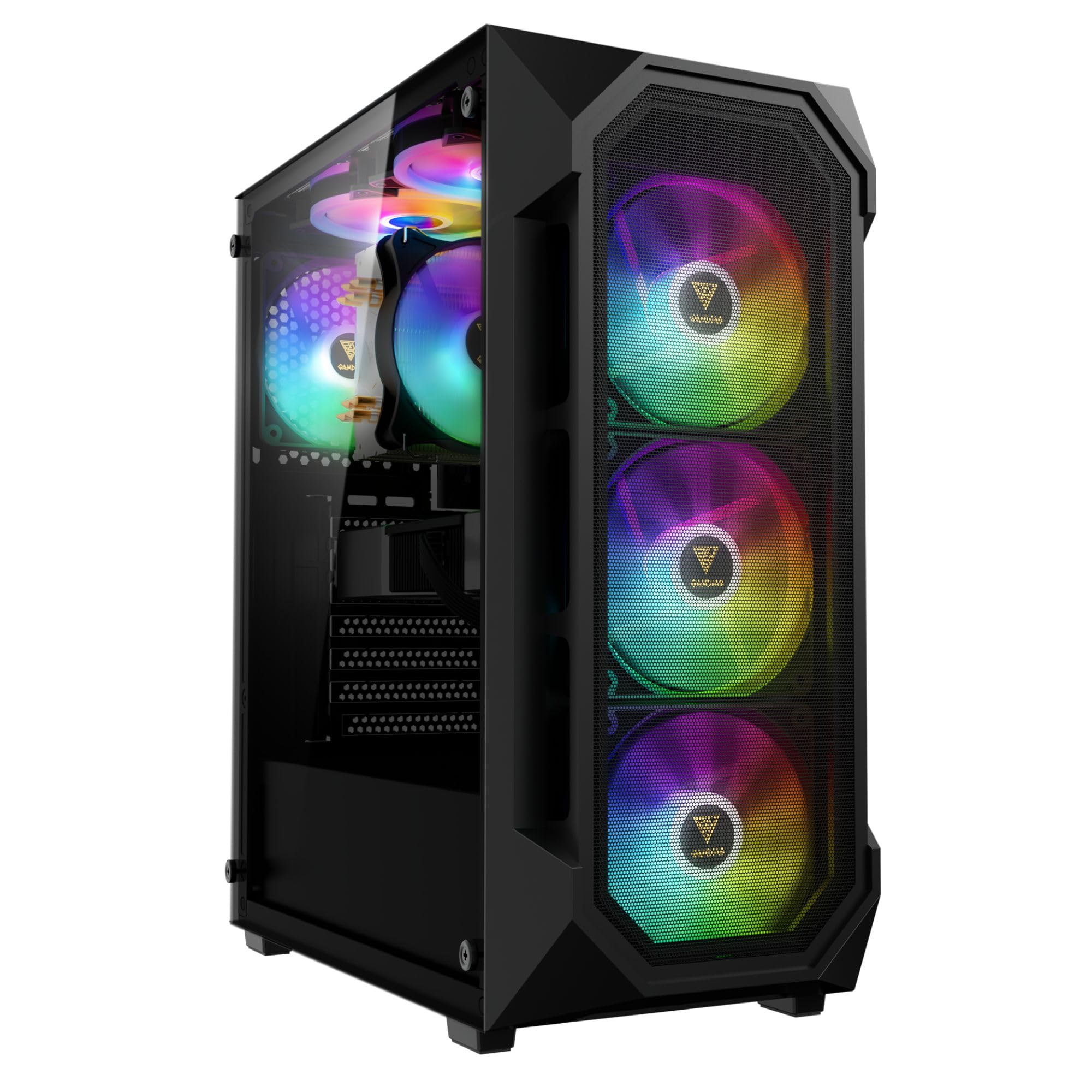 Gamdias Aura Gc1 Elite Argb Atx Mid Tower Pc Case, 4 X 120 Argb Fan, High Airflow Mesh Front Panel, Tool-Free Install Tempered Glass Side Panel, Black