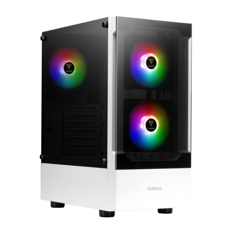 Gamdias Talos E3 White Gaming Pc Case, Mid-Tower Atx Case, Tempered Glass Panel, 3 Built-In 120Mm Argb Fans, Tool-Free Installation Window, Supports Motherboards Up To Atx, Power Cover Design