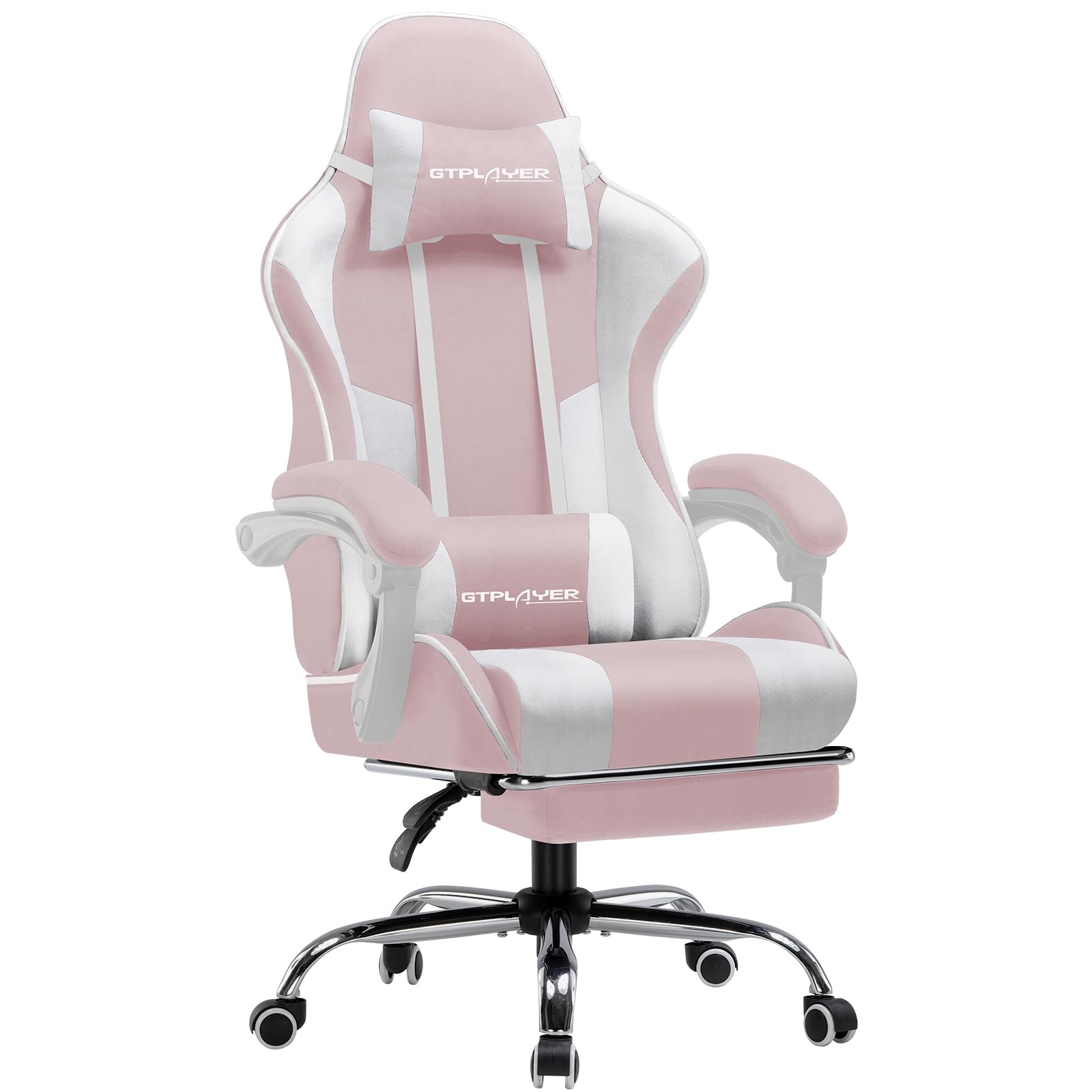 Gtplayer Fabric Gaming Chair, Massage Ergonomic Computer Chair With Footrest, Lumbar Support, Headrest, Height Adjustable Home Office Reclining Pc Racing Chairs Pink