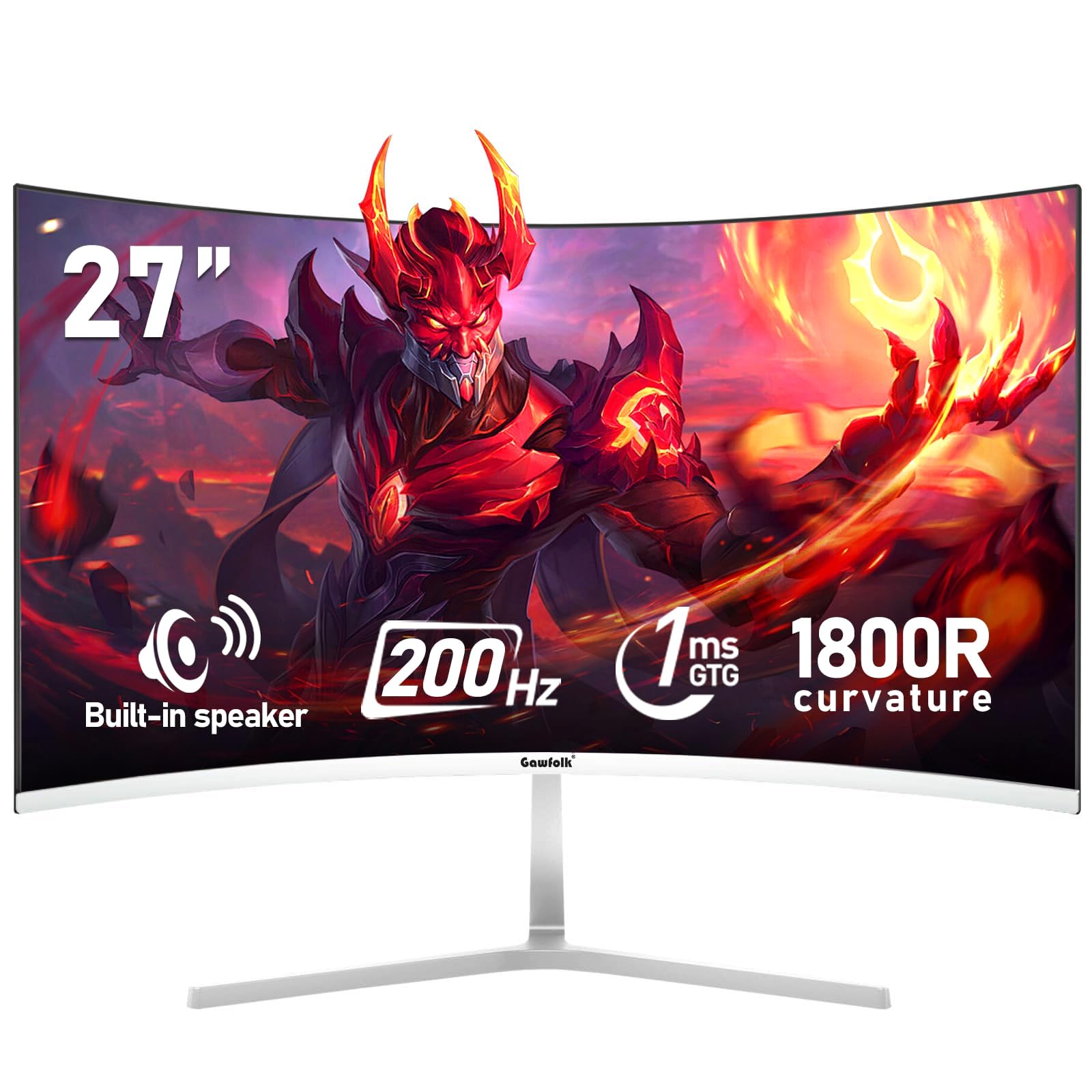 Gawfolk 27 Inch Pc Computer Screen,1800R Curved Gaming 200Hz Monitors, Fhd1080P,1Ms,Built-In Speaker, Freesync, 98%Srgb,178 ° Angle View,Hdmi Displayport, Compatible With Wall-Mounted 100*100Mm-White