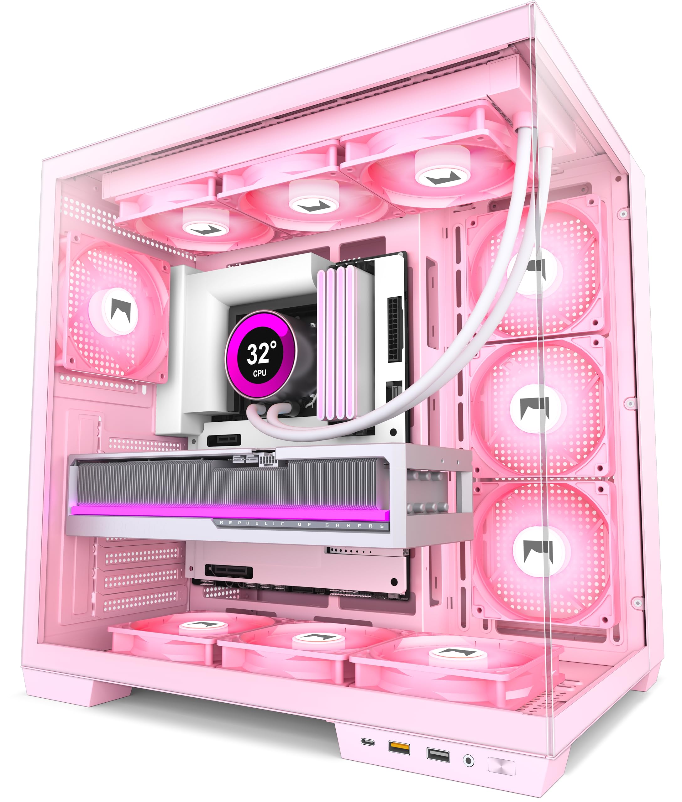 Hyxn H1 Atx Pc Case-Pre-Installed 7 Pwm Argb Fans, Dual Chamber Mid-Tower Gaming Pc Case, With Type-C, Simultaneous Installation Of 2X 360Mm Radiators, Black (Pink, H1)