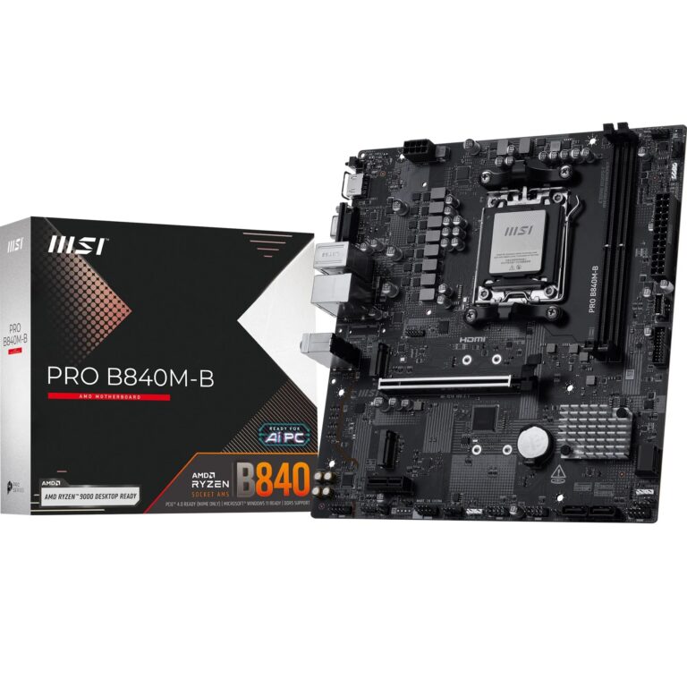 Msi Pro B840M-B Motherboard, Matx - Supports Amd Ryzen 9000/8000 / 7000 Processors, Am5 - Ddr5 Memory Boost (8000+ Mt/S Oc), Pcie 4.0 X16, M.2 Gen4, 2.5G Lan