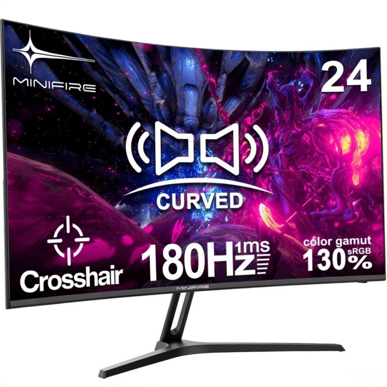 Minifire 24 Inch Curved Gaming Monitor 180Hz, Built In Speaker, Fhd 1920X1080, Crosshair 1Ms, Srgb130%, Hdr, 1500R, Freesync, 300Cd/M², Frameless, Hdmi＆Dp Ports, Vesa Compatible, Eye Care (Mfg24C1)