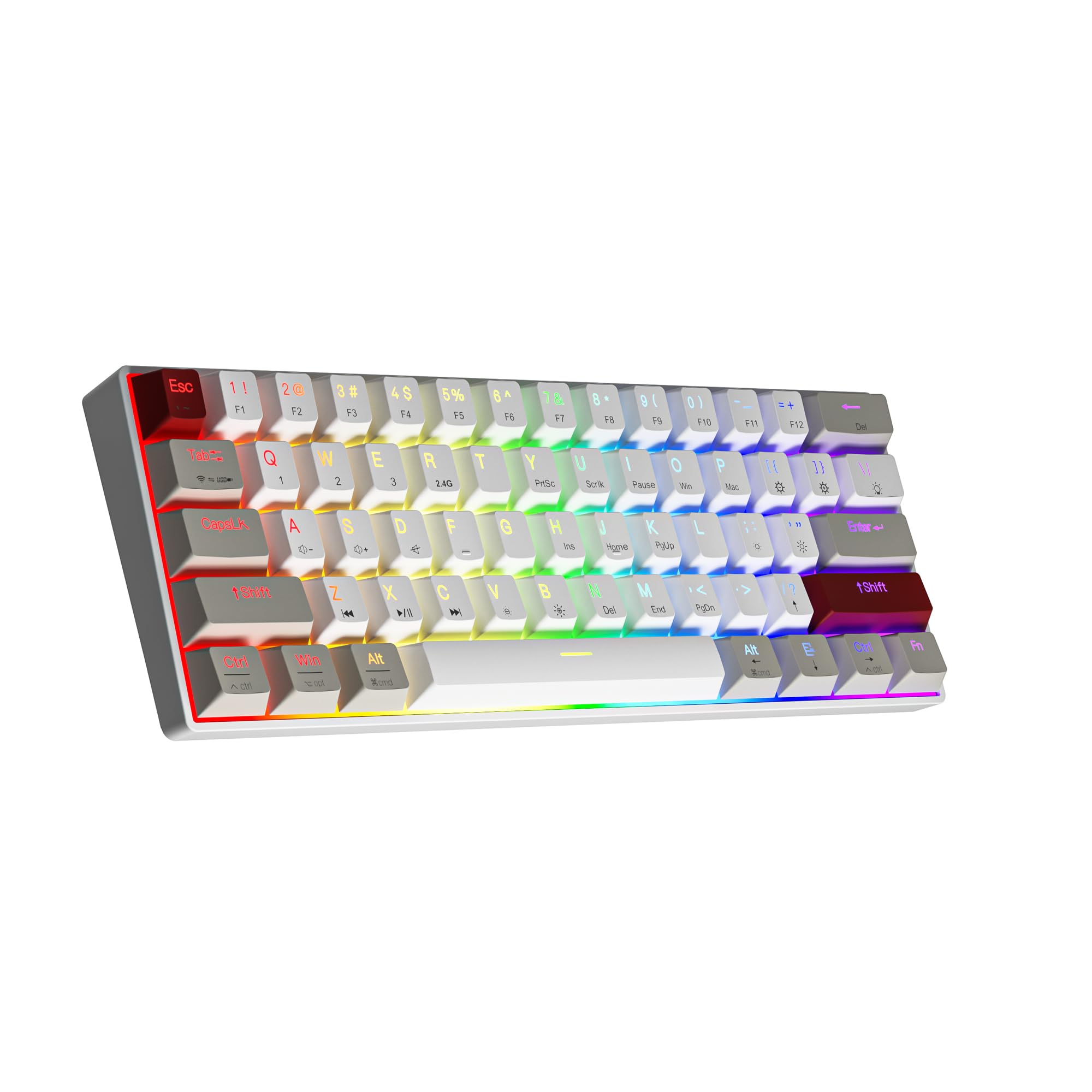 Newmen Gm610 Wireless Mechanical Gaming Keyboard, 60% Usb-C Wired/Bluetooth/2.4Ghz Rgb Backlit Compact Hot Swappable Gaming Keyboard, Anti-Ghosting Pc Mac Windows Android(Whitegreyred/Red Switch)