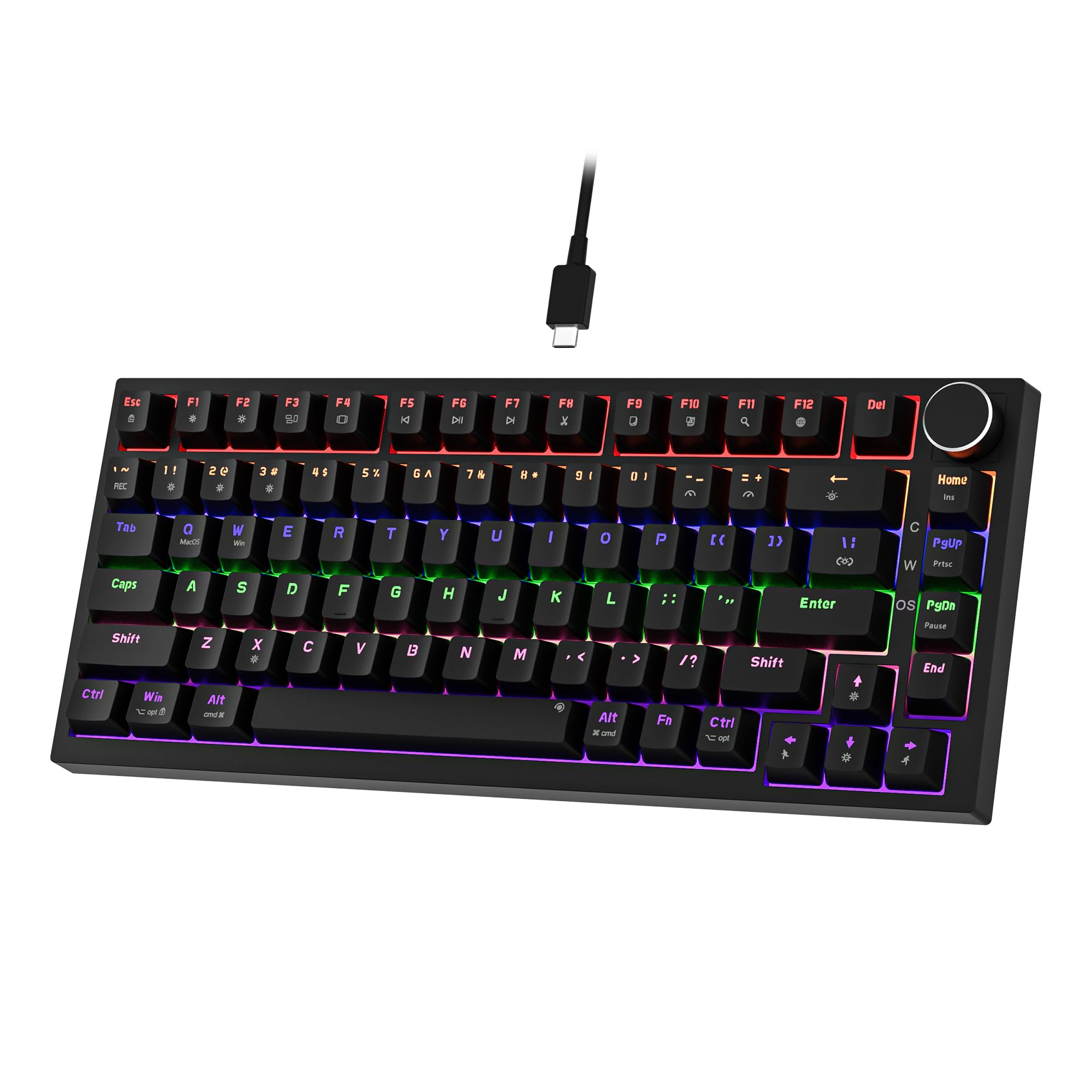Newmen Gm326 Mechanical Keyboard,Wired Gaming Keyboard,75% Percent Tkl Hot Swappable Compact Led Backlit Usb C Mechanical Gaming Keyboards With Knob For Pc Windows Mac,Qwerty Layout,Black,Red Switches