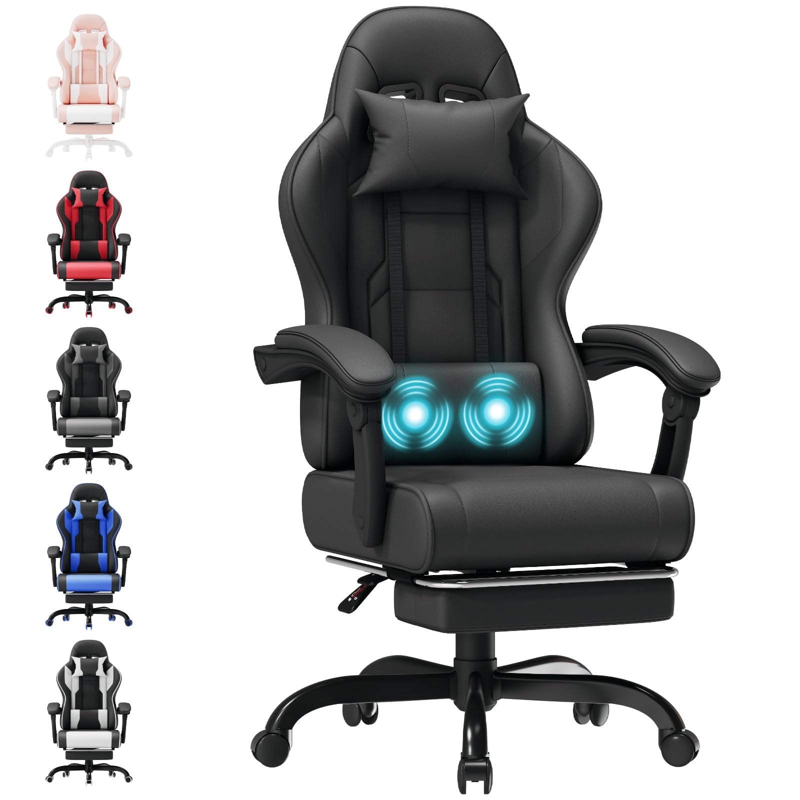 Triumphkey Gaming Chair For Adults With Footrest, Ergonomic Computer Chair With Massage Lumbar Support, Reclining Backrest, Swivel Office Gamer Chair With Headrest, Black